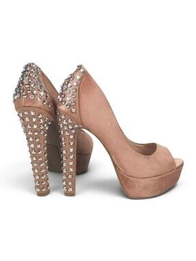Satin Bling Studded Platform Peep-toe High Heels Platform Pumps Champagne Size 6